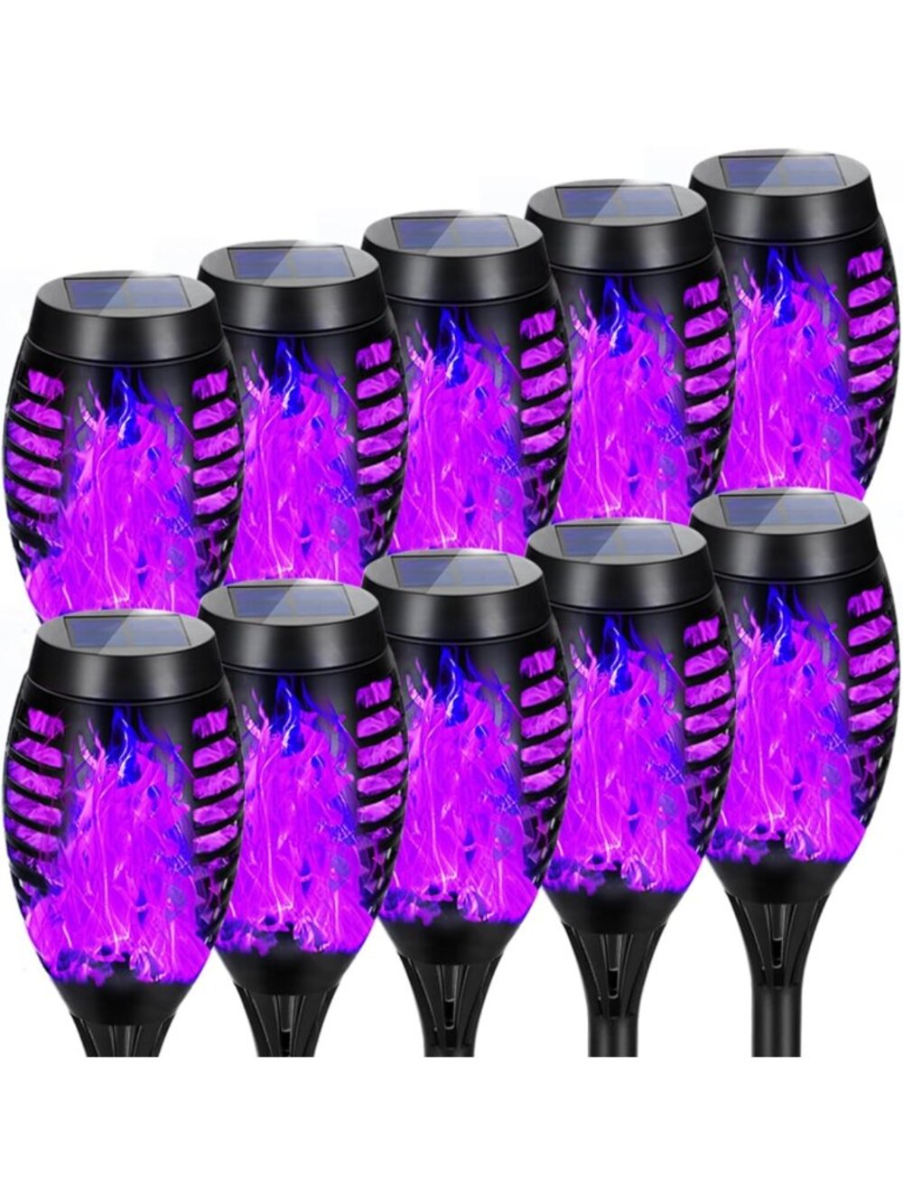 10 Pack Purple Solar Halloween Lights - Flickering Flame Tiki Torches for